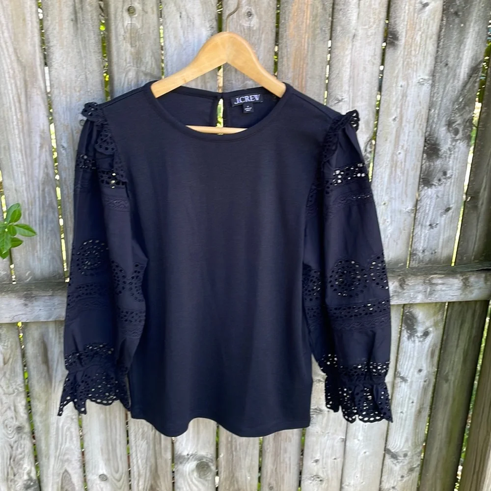 J. Crew Ruffle-trim eyelet top in vintage rib lace black L 12 14